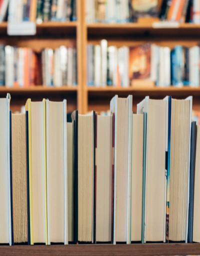 A row of books in a library.